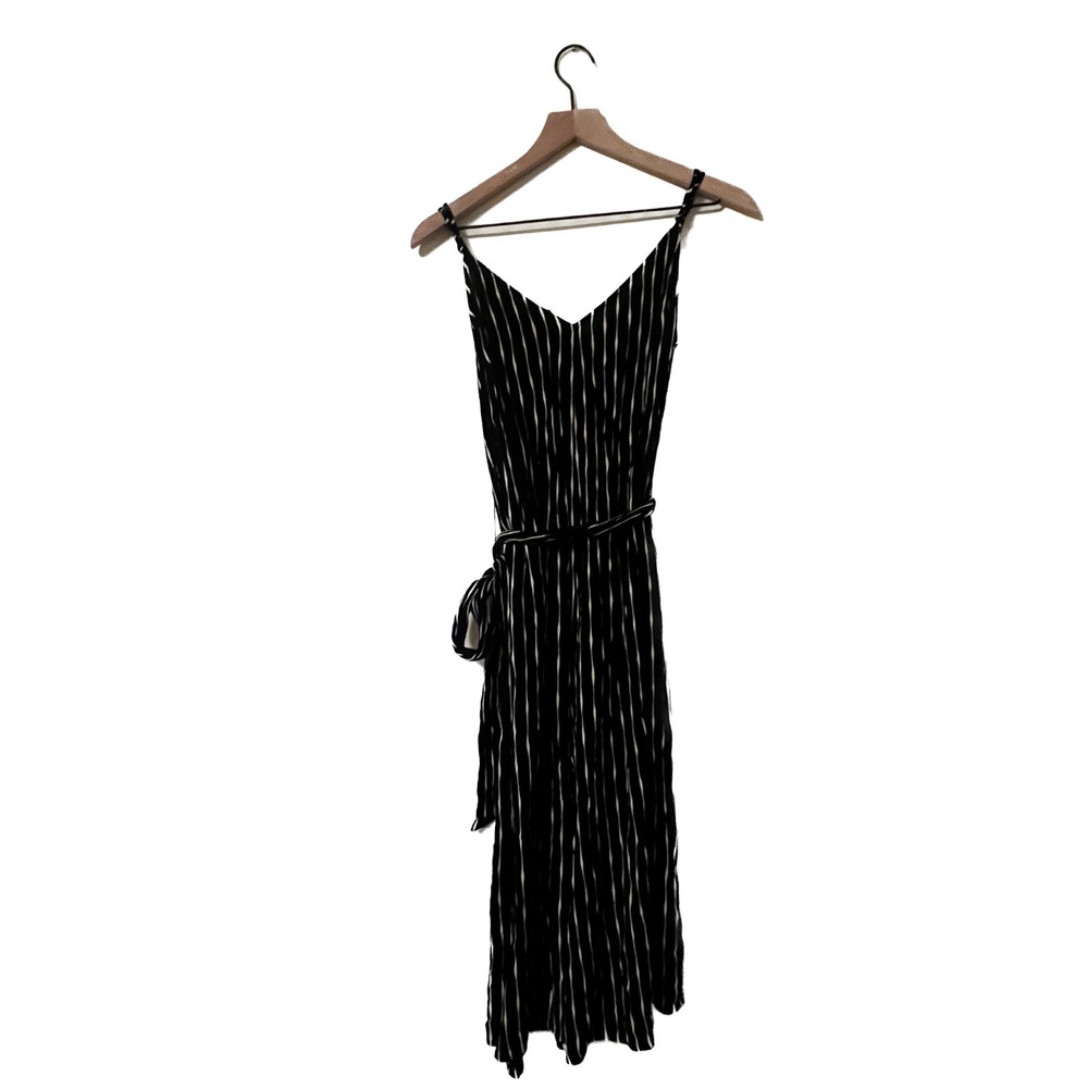 Womens Black White Striped Jump Suit V-Neck Spaghetti Strap Waist Tie Dress S